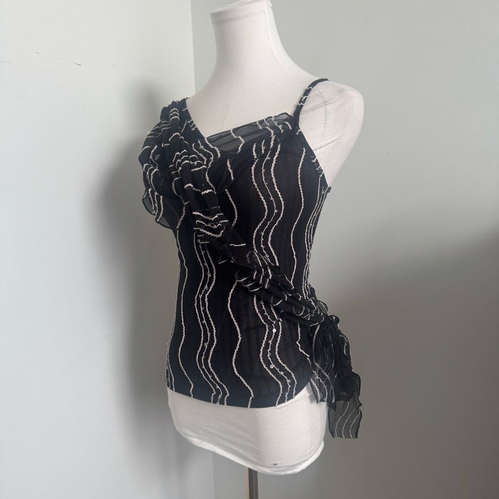 Y2K Ruched Mesh Top — Asymmetrical Drape & Sheer Waves sequins sparkly XS/S goth - Picture 6 of 8